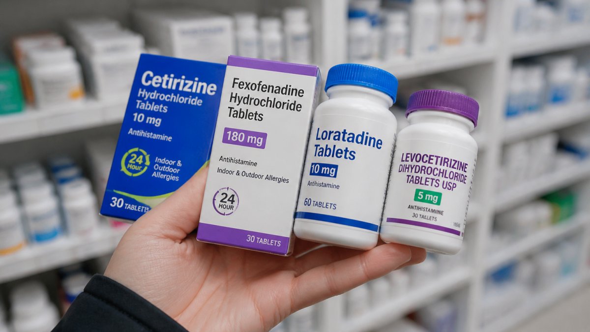Close-up of a person's hand holding common over-the-counter antihistamine medication boxes and bottles on a bright, clean pharmacy shelf background with blurred bottles behind