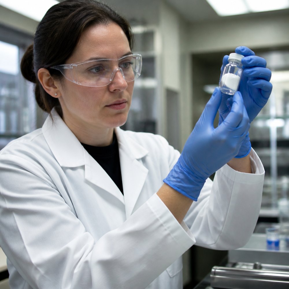 Lab technician inspecting lyophilized peptide powder to ensure long term safety of therapeutic peptide use