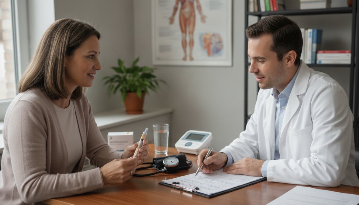 Healthcare provider reviewing patient medical history and injection technique during clinical consultation in modern medical office with natural lighting
