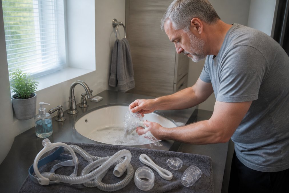 Person reinigt CPAP-Maske und Schlauch, um Reizungen als Langzeit-Nebenwirkung eines CPAP-Geräts vorzubeugen