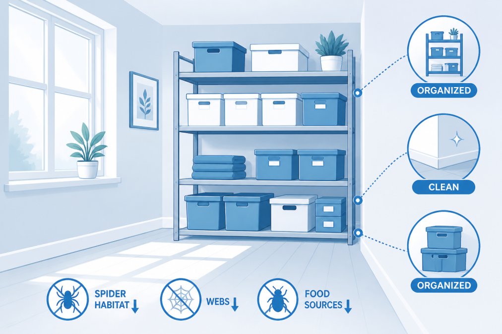 Interior home scene showing organized storage shelves with minimal clutter, clean baseboards, and bright natural lighting from windows, with organized storage boxes neatly stacked