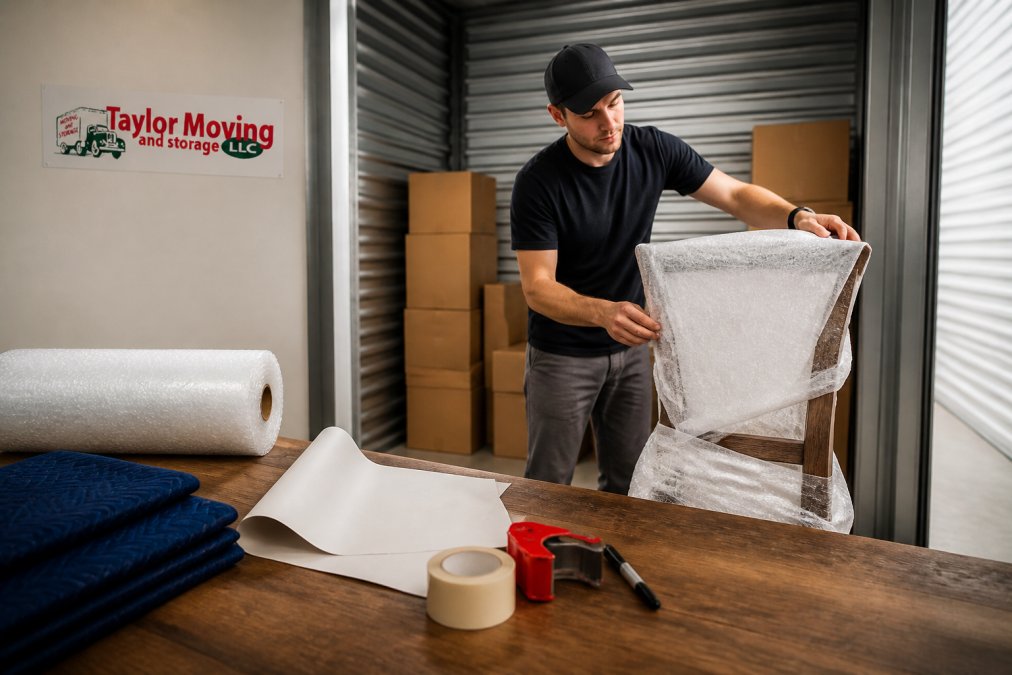 A person carefully wrapping a wooden chair in protective padding and placing it into a clean, well-lit climate-controlled storage unit with stacked boxes in the background