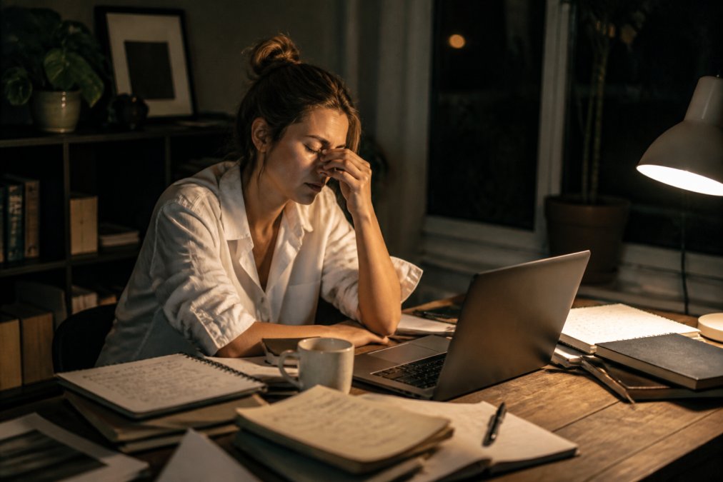 Business mentor working late at desk surrounded by client files and notebooks, laptop open with coffee cup nearby, looking fatigued in dim office lighting