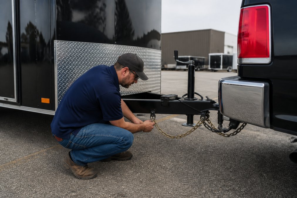 A pickup truck with a properly hitched enclosed car hauler trailer in a paved lot, safety chains connected, a person checking the hitch connection before departure