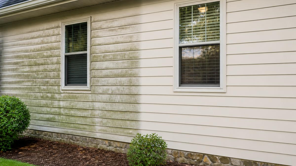 Home exterior showing visible mold and algae stains on weathered siding contrasting with a freshly cleaned section, natural daylight highlighting the difference