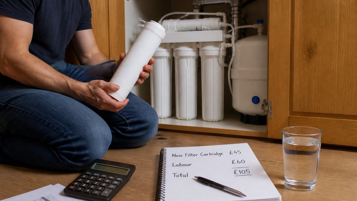 A person kneeling at an open under-sink cabinet, holding a replacement filter cartridge next to a water filtration system, with a notebook and pen on the floor nearby showing handwritten cost figures