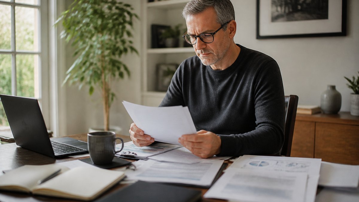 Professional in their 50s reviewing financial documents and investment portfolio at a desk with laptop, coffee, and planning materials in a modern home office with natural lighting