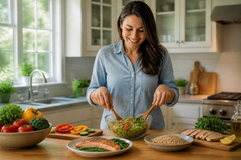 Person preparing a balanced meal at home with fresh vegetables, lean protein, and whole grains visible on a kitchen counter with natural window lighting