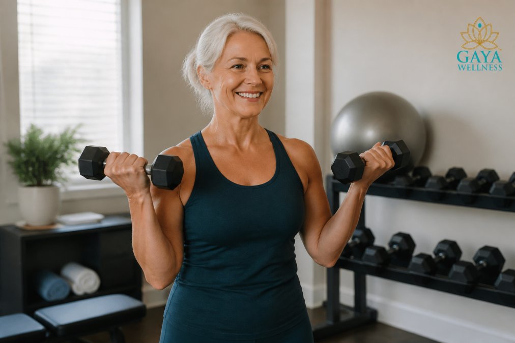 Mature woman in athletic wear doing strength training with dumbbells in a bright, modern home gym