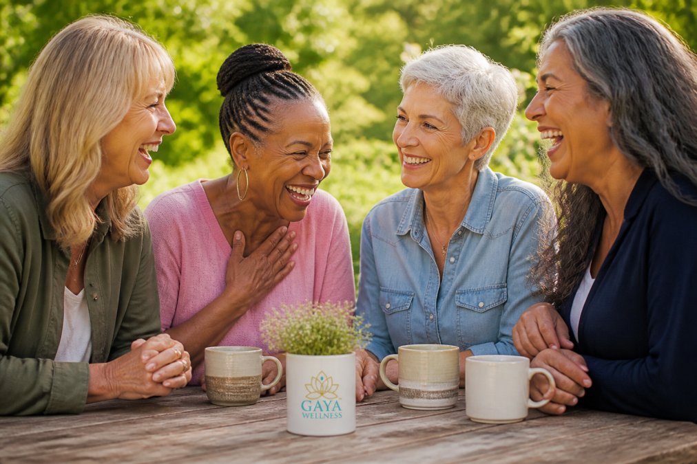 Group of women of diverse ages laughing together outdoors in natural daylight, suggesting social connection and joy