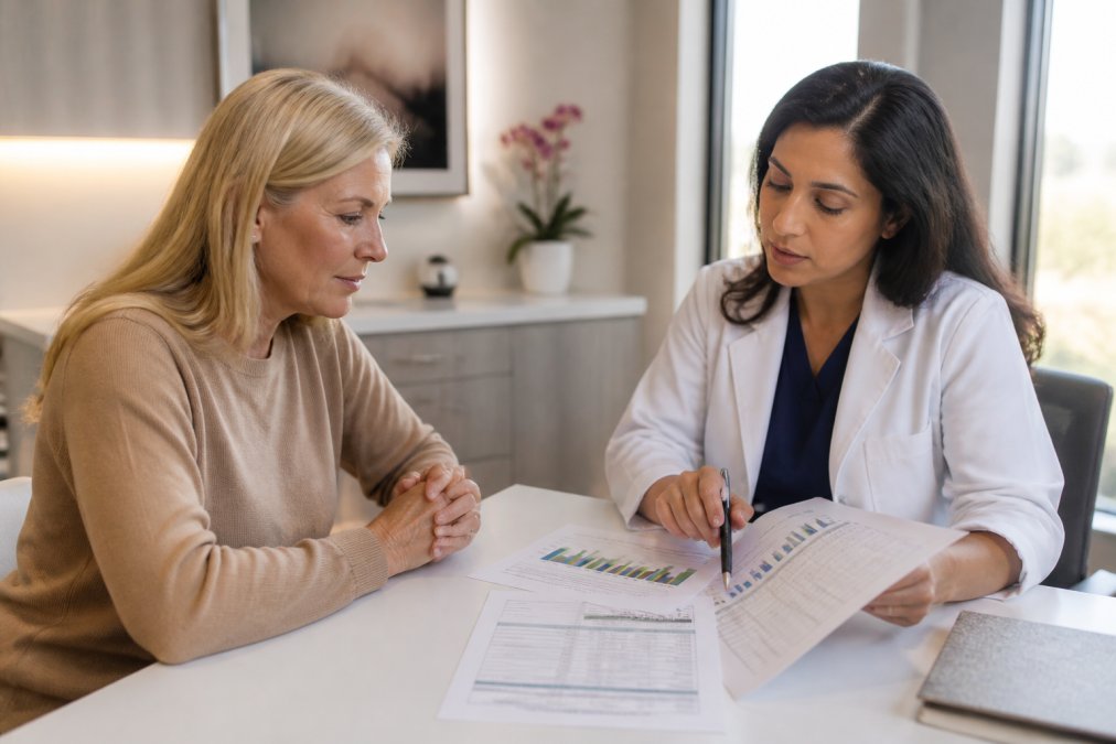 Professional woman in clinical consultation room reviewing comprehensive hormone optimization lab results and charts with healthcare provider at desk with test documents visible