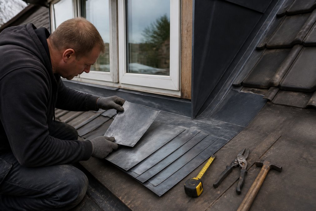 Dakdekker voorzichtig bladlood in verschillende diktes sorterend op dakconstructie, met meetlint en gereedschap zichtbaar