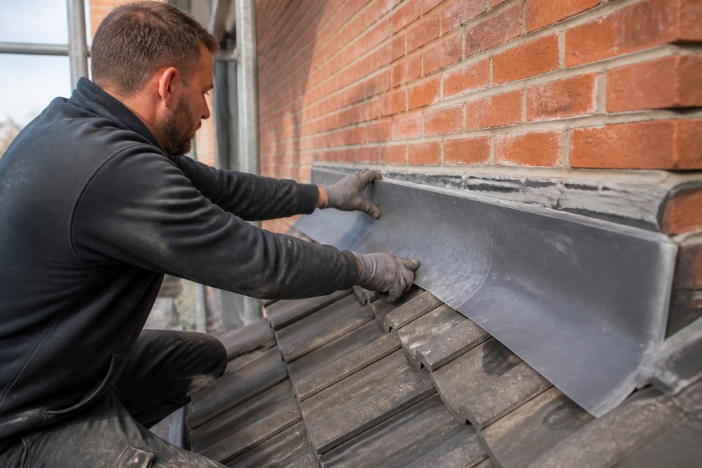 Vakman voorzichtig loodslab aanbrengend op gevelaansluiting met zichtbare overlapping en grijs afdichtingsmiddel, natuurlijk daglicht op werkplek