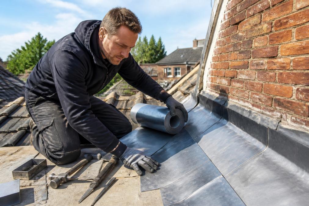 Dakdekker voert bladlood aan op een dak met zorgvuldige handgrepen, werkend met lood en gereedschap in helder daglicht, traditionele dakconstructie zichtbaar