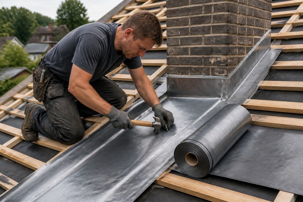 Professionele dakdekker aan het werk op een hellend dak, voorzichtig bladlood snijdend en plooiend met een loodklopper en snijgereedschap, met zichtbare veiligheidsuitrusting