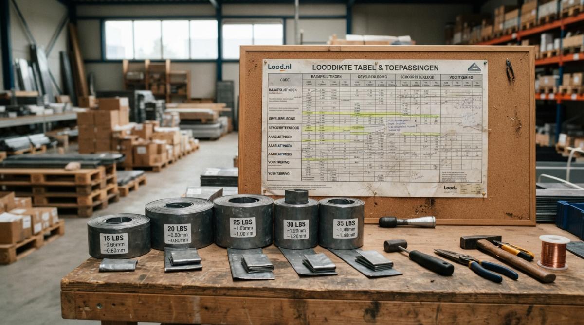 Close-up van verschillende bladlood rollen naast elkaar, waarbij de verschillende diktes en kleurcoderingen duidelijk zichtbaar zijn op een werkbank met professioneel gereedschap
