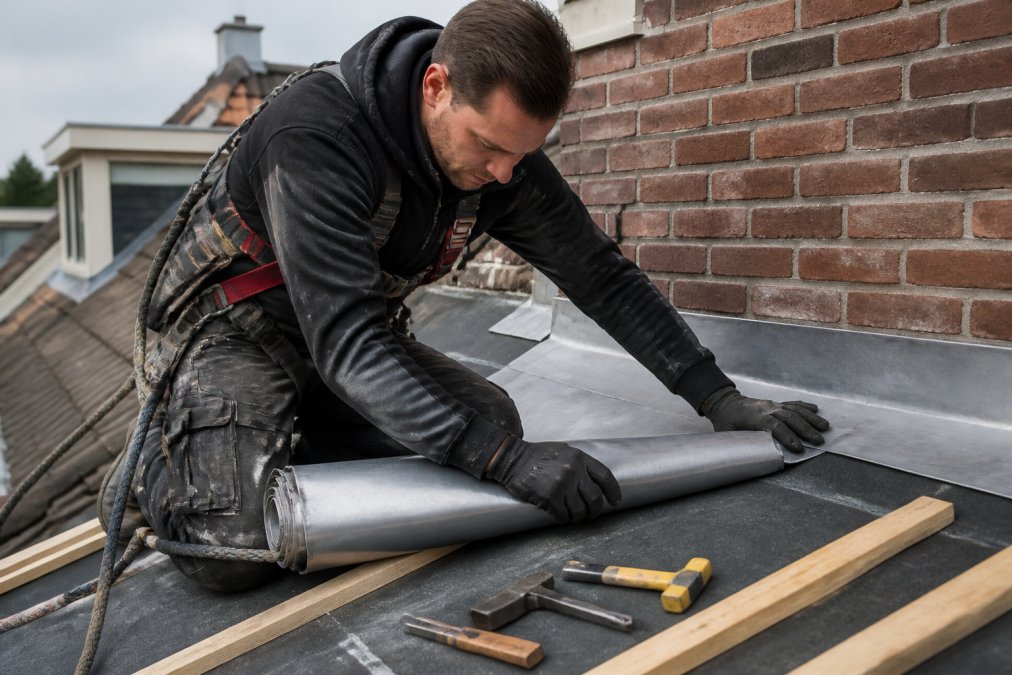 Professionele dakdekker in werkkleding en veiligheidsuitrusting die lood op rol voorzichtig op een dakvlak aanbrengt, met gereedschap zichtbaar op het dak en een duidelijke werkplek