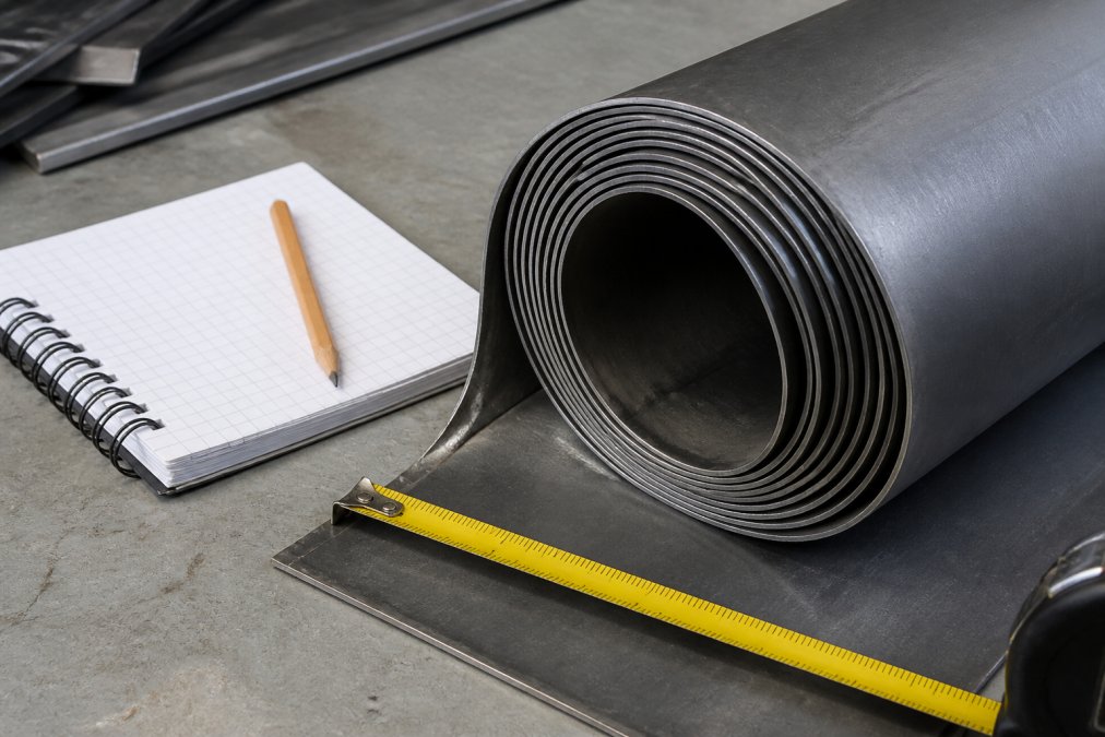 Close-up van een rol bladlood met meetlint en notitieblok, waarbij de dikte, breedte en markering van het materiaal duidelijk zichtbaar zijn tegen een werkoppervlak