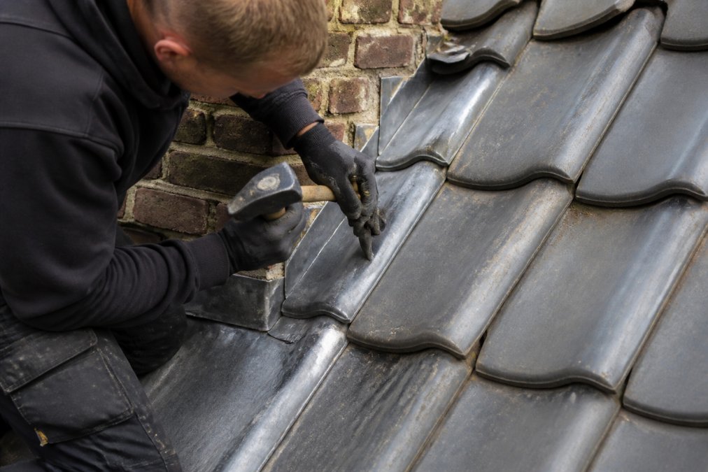 Professionele dakdekker die bladlood voorzichtig in een voeg tussen dakpannen inslaat met een loden hamer en insluitwerktuig, onder natuurlijk daglicht op een historisch pand