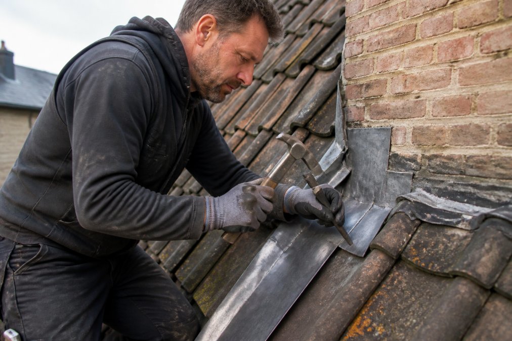 Dakdekker verwerkt lood op rol voor historische panden door het met een loden hamer en insluitwerktuig in de voeg te slaan.
