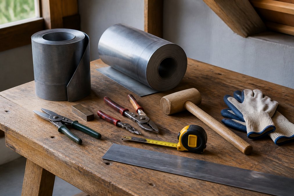 Werkbank met uitgestalde gereedschappen voor loodwerk, inclusief rollen bladlood, snijgereedschap, houten hamer, meetlint en veiligheidshandschoenen onder helder daglicht