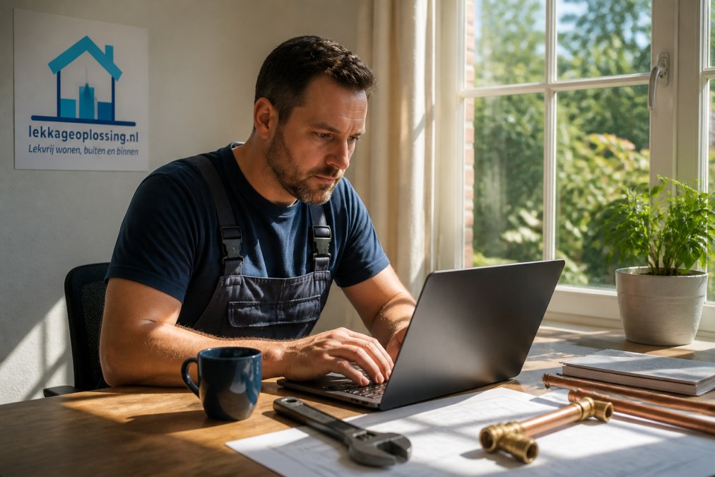 Zelfstandige loodgieter bekijkt klantaanvragen op laptop na aansluiten bij onafhankelijk platform met koffie op tafel