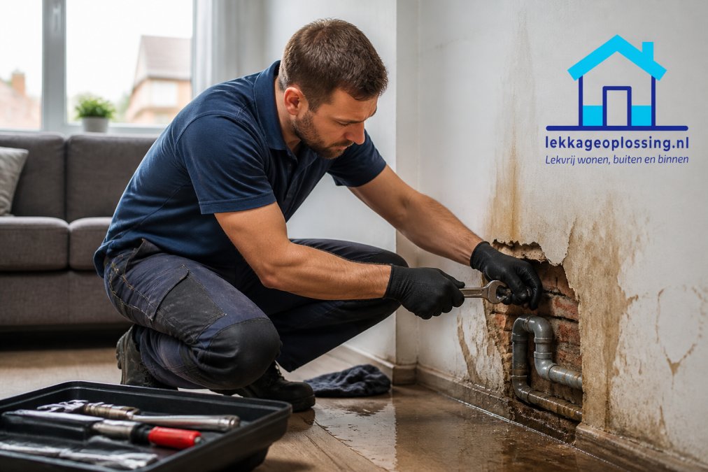 Loodgieter Almere repareert een lekkende waterleiding in een huiskamer met zichtbare waterschade op de muur.