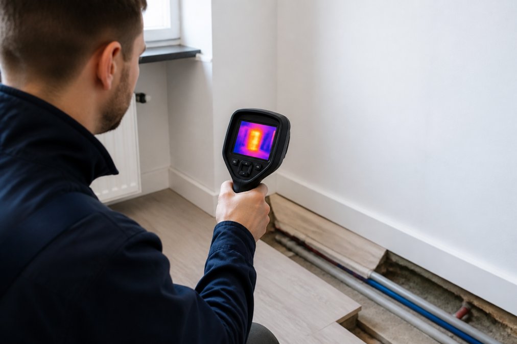 Loodgieter voor acute lekkage zoeken: technicus gebruikt infraroodcamera voor lekdetectie zonder hak- en breekwerk in een