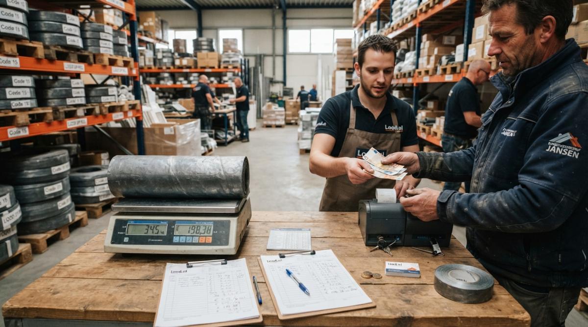 Close-up van een bouwvakker die een rol bladlood inspecteert op een werkbank met een meetlint en notitieblok, helder daglicht van boven