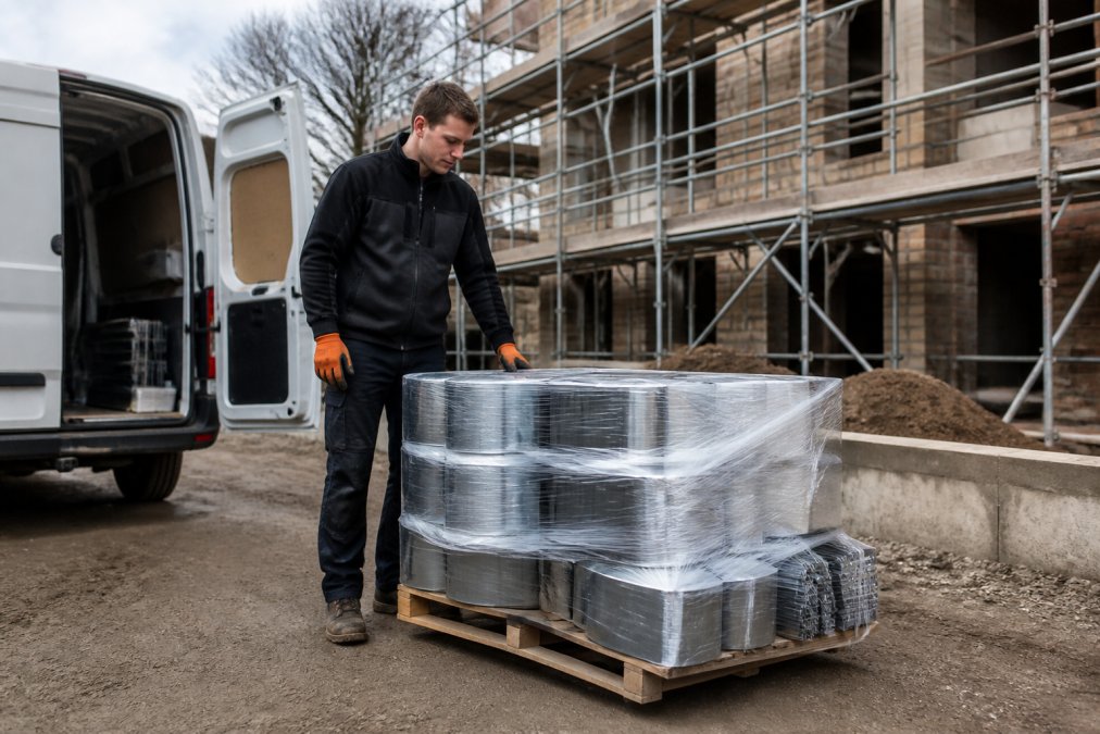 Een bezorger die een pallet met rollen bladlood en dakmaterialen aflevert bij een woning in aanbouw, met een bus van het leveringsbedrijf op de achtergrond