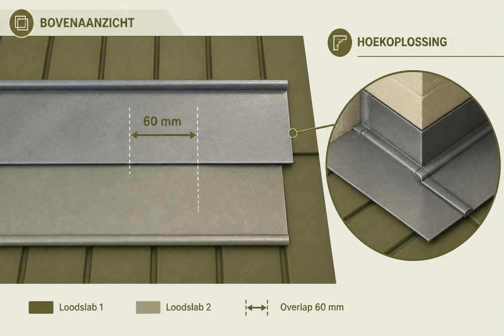 Bovenaanzicht van twee overlappende loodslabben op een dakoppervlak, met duidelijk zichtbare 60 mm overlap en professioneel afgewerkte hoekverbinding, in helder daglicht