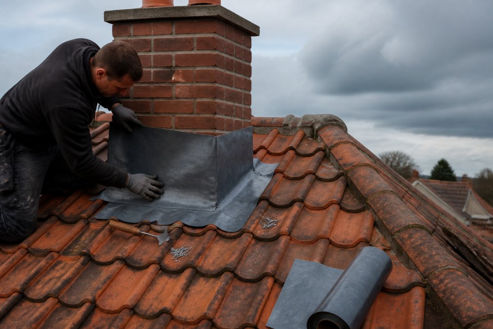 Dakdekker die loodslabben voorzichtig aanbrengt rond schoorsteen op dak, met loodmes en bevestigingsmiddelen zichtbaar, bewolkte hemel