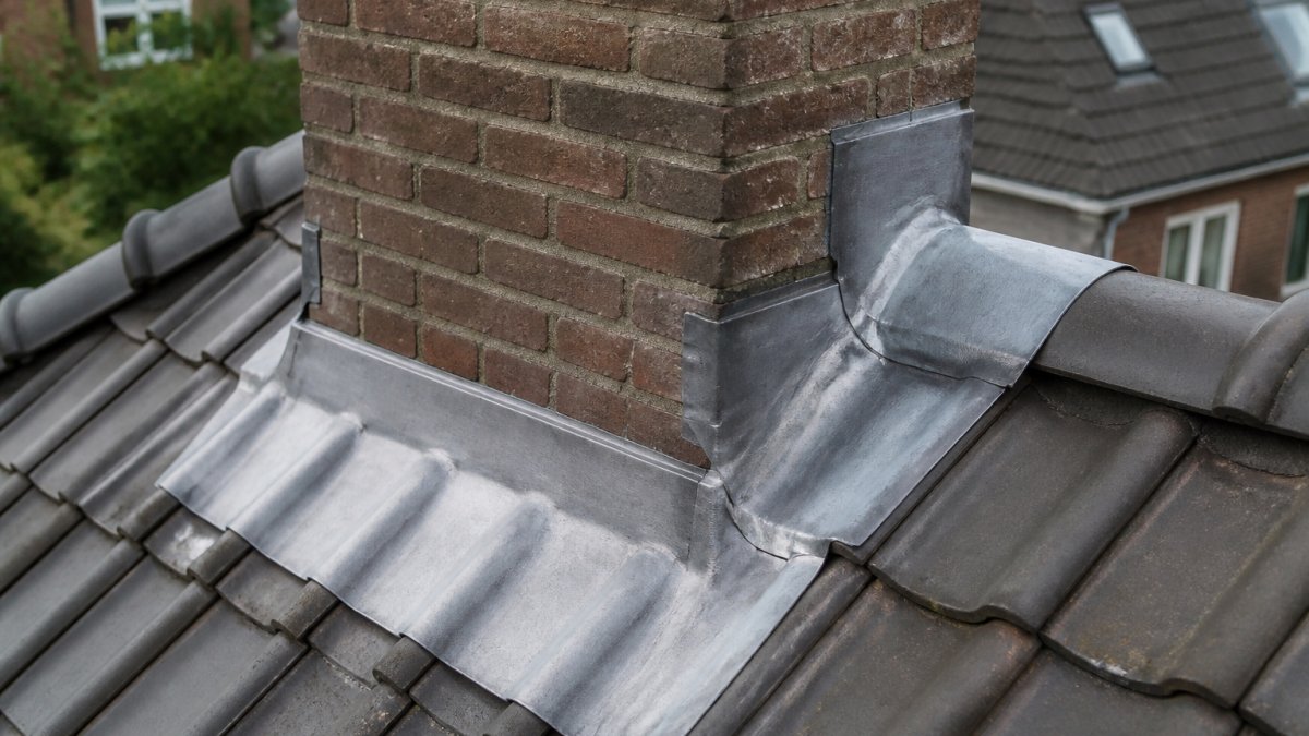 Dakwerk met loodwerk rond schoorsteen en dakranden, toont praktische toepassing van lood en loodvervanger in een traditionele dakaansluiting met zichtbare flexibiliteit