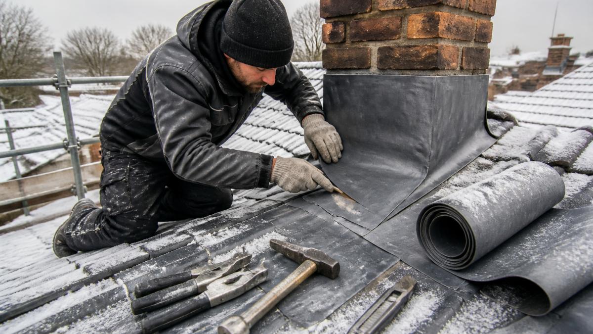 Dakdekker aan het werk met loodvervanger op een dak in winterse omstandigheden, met zichtbare gereedschappen zoals hamers, voegklemmen en mes in de buurt