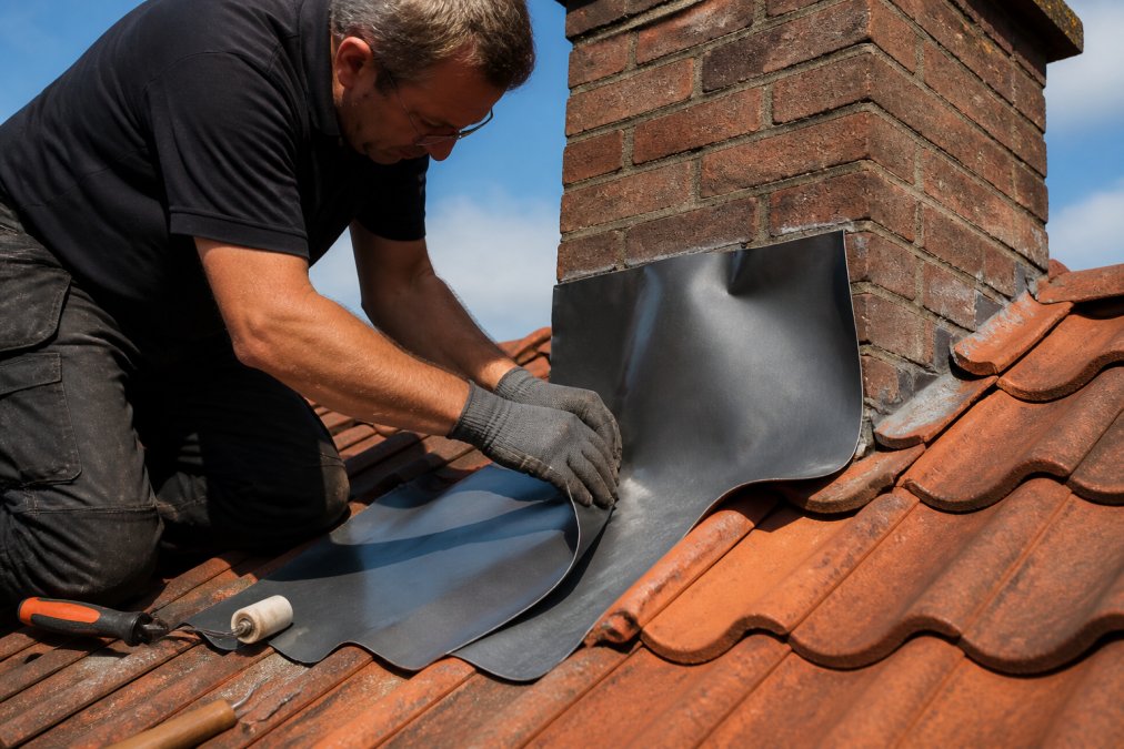 Dakdekker die flexibel loodvervangingsmateriaal rond een schoorsteen vorm geeft, met professioneel gereedschap op een dak met rode tegels en helder zonlicht