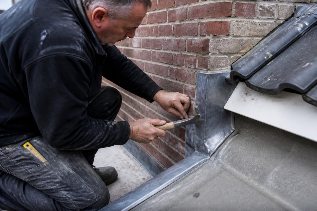 Vakman voert een gevel inspectie uit door loodslabben bij een aansluiting zorgvuldig te controleren met een klopper.