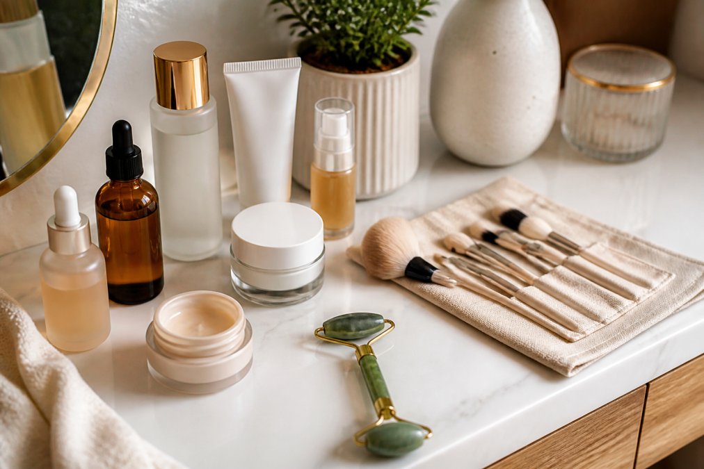 A flat-lay photo of carefully arranged premium skincare products, a jade roller, and a makeup brush set on a clean, modern vanity table, conveying a sense of thoughtful ritual and quality