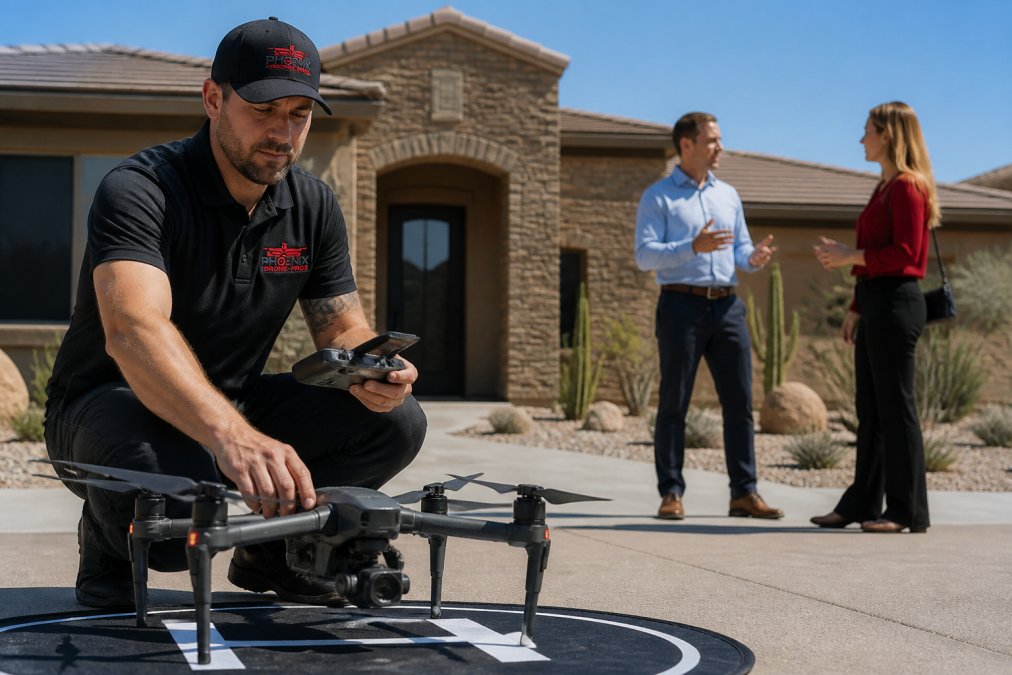 A professional drone pilot in a branded polo shirt launching a quadcopter on a residential property while a real estate agent observes and discusses the flight plan in the background