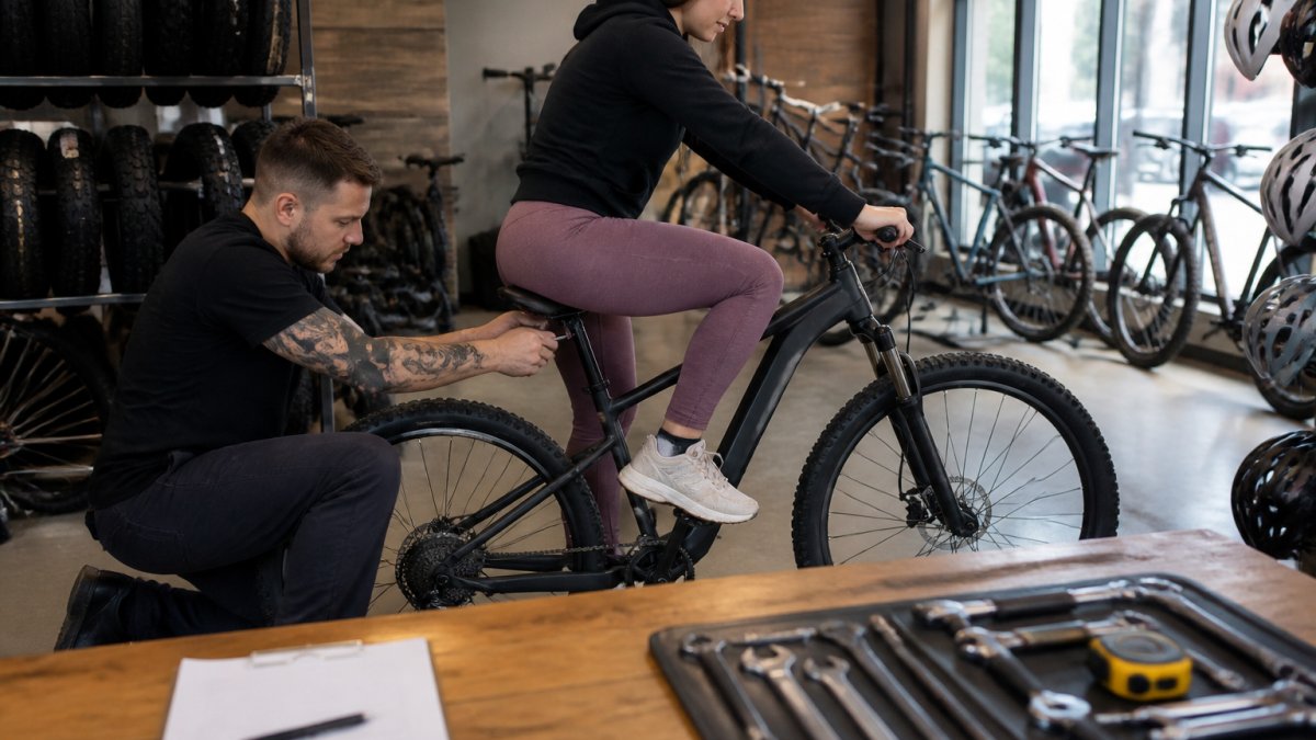 A friendly shop staff member adjusting the saddle height on a bike while a customer sits on it in a bright showroom, with tools and a fitting checklist on a nearby bench