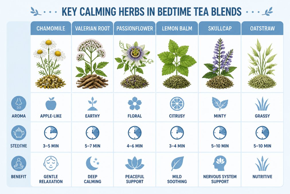 Comparison matrix detailing steeping times and flavor profiles for five common calming herbal tea ingredients.