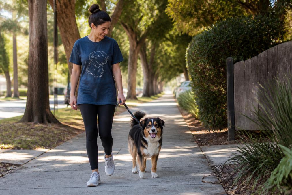 A woman in a soft graphic dog t-shirt walking a happy medium-sized dog on a tree-lined neighborhood sidewalk in warm afternoon light, casual and relaxed scene