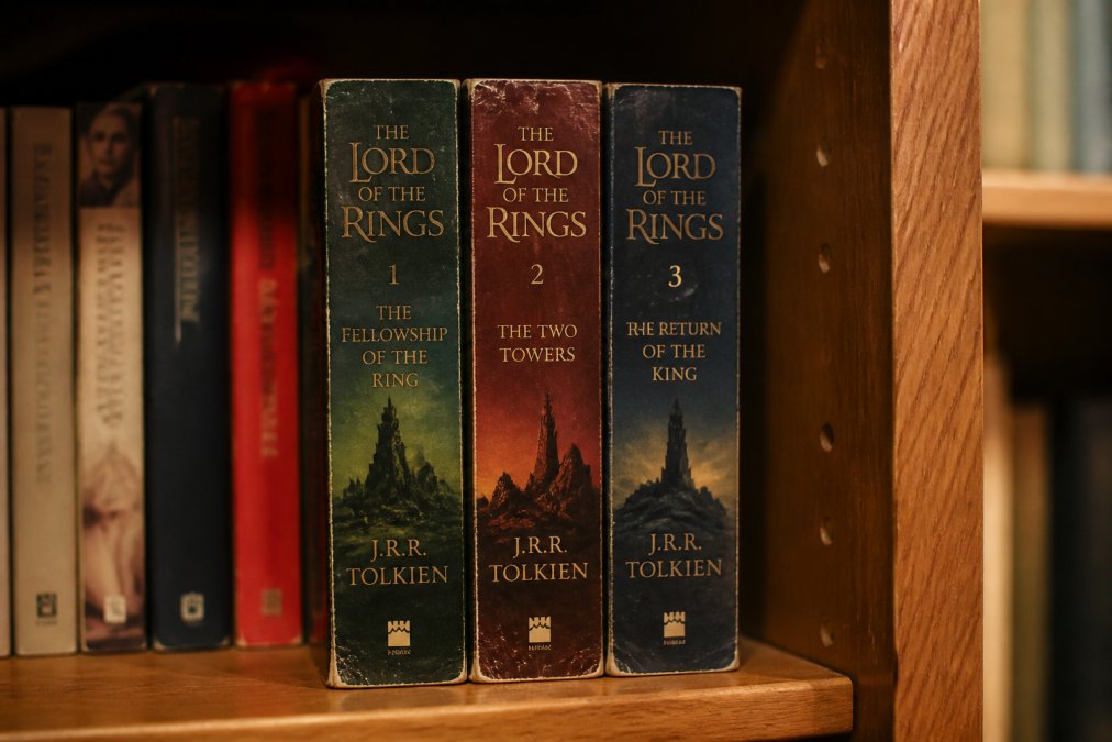 Close-up of three well-read Lord of the Rings paperback volumes arranged on a wooden shelf, spines facing outward, warm ambient lighting