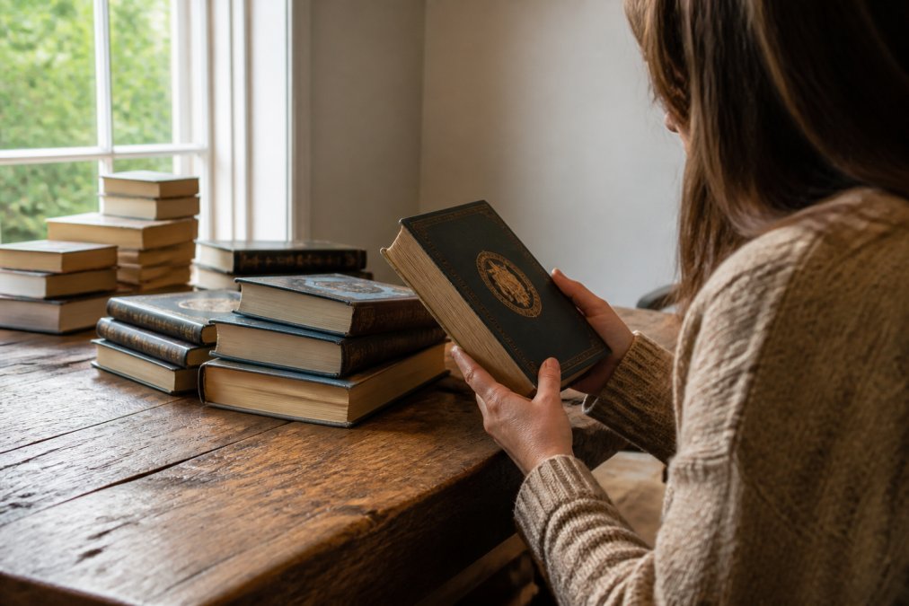 A person browsing a curated stack of pre-loved hardcover and paperback fantasy books on a wooden table, natural daylight from a nearby window