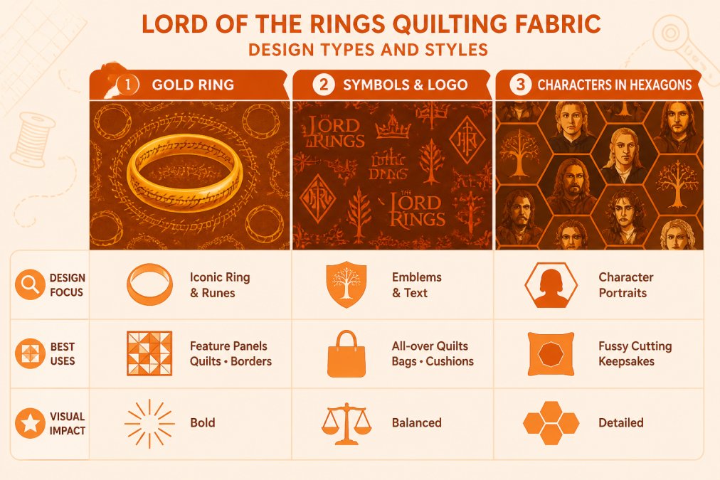 Comparison matrix of three Lord of the Rings fabric designs: Gold Ring (iconic ring and runes imagery), Symbols & Logo (emblems and text), and Characters in Hexagons (character portraits) - showing design focus, best uses, and visual impact