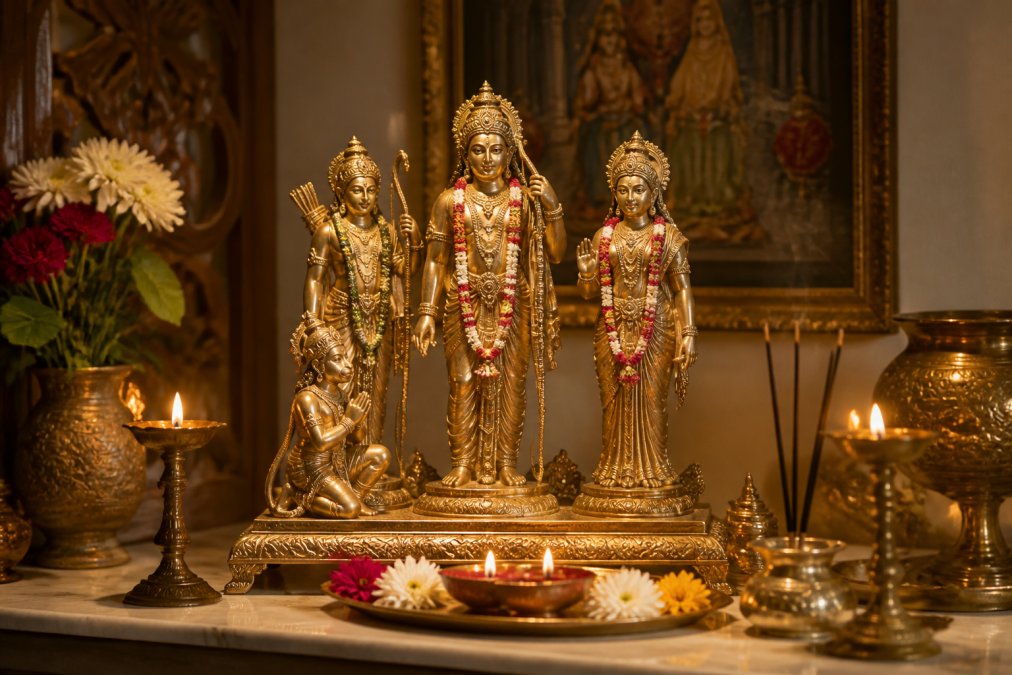 A beautifully lit Ram Darbar idol displayed on a home altar with fresh flowers, incense sticks, and soft candlelight creating a sacred, reverent atmosphere