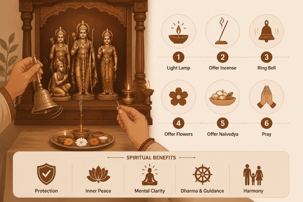 Hands performing ritual worship at a home altar, ringing a bronze bell with a Ram Darbar idol visible in soft candlelight, showing the devotional practice in action