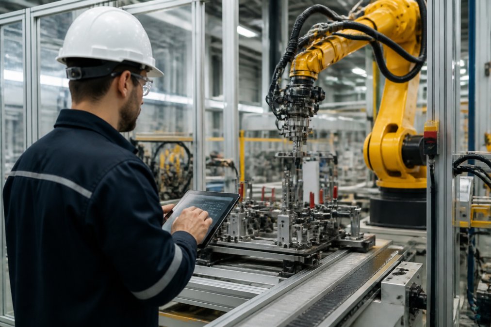 Técnico supervisando un brazo robótico en una línea de montaje mediante sensores y tipos de automatización flexible.