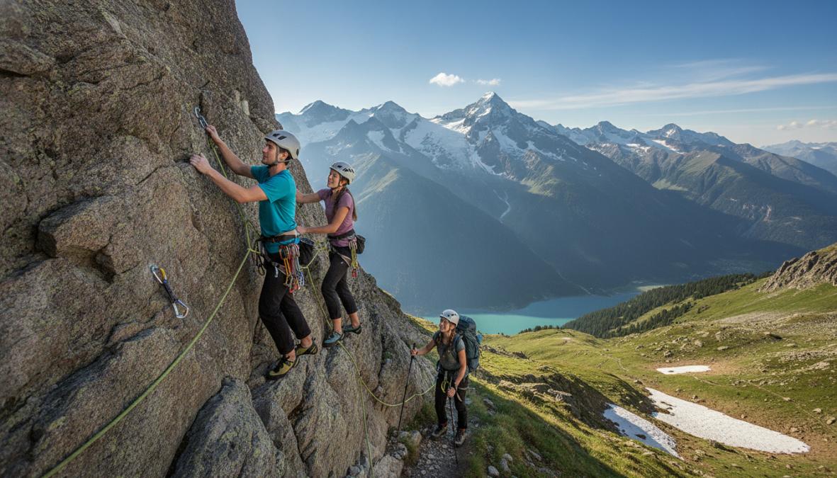 Grupo de jóvenes escaladores equipados con arneses y cascos en una pared de roca alpina, con picos nevados y cielo azul de fondo, luz natural de mediodía