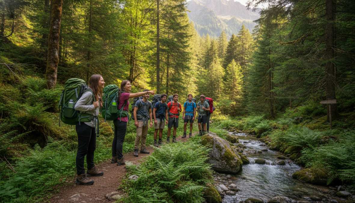 Grupo de cinco jóvenes mochileros con mochilas de colores en un sendero forestal europeo, rodeados de vegetación densa y luz filtrada entre los árboles, caminando en fila