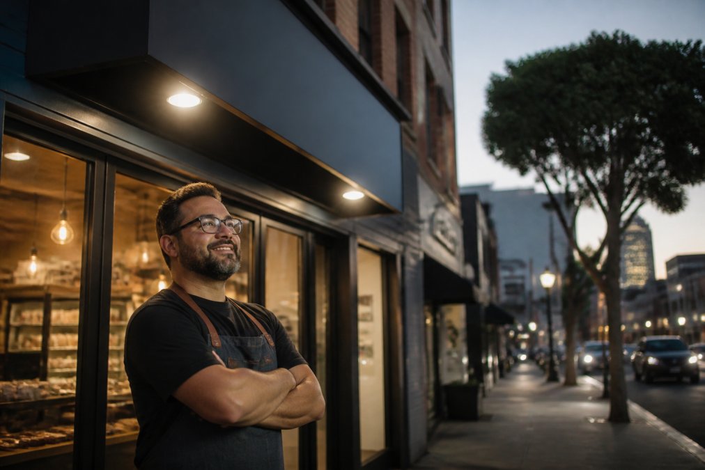 Small business owner standing proudly in front of a newly installed custom storefront sign on a busy urban street, smiling and looking up at the illuminated sign in early evening light